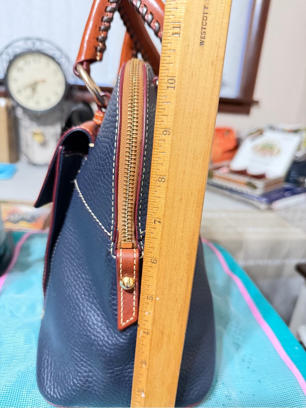 Dooney & Bourke Teal and Brown Leather Dome Satchel - Picture 7 of 10